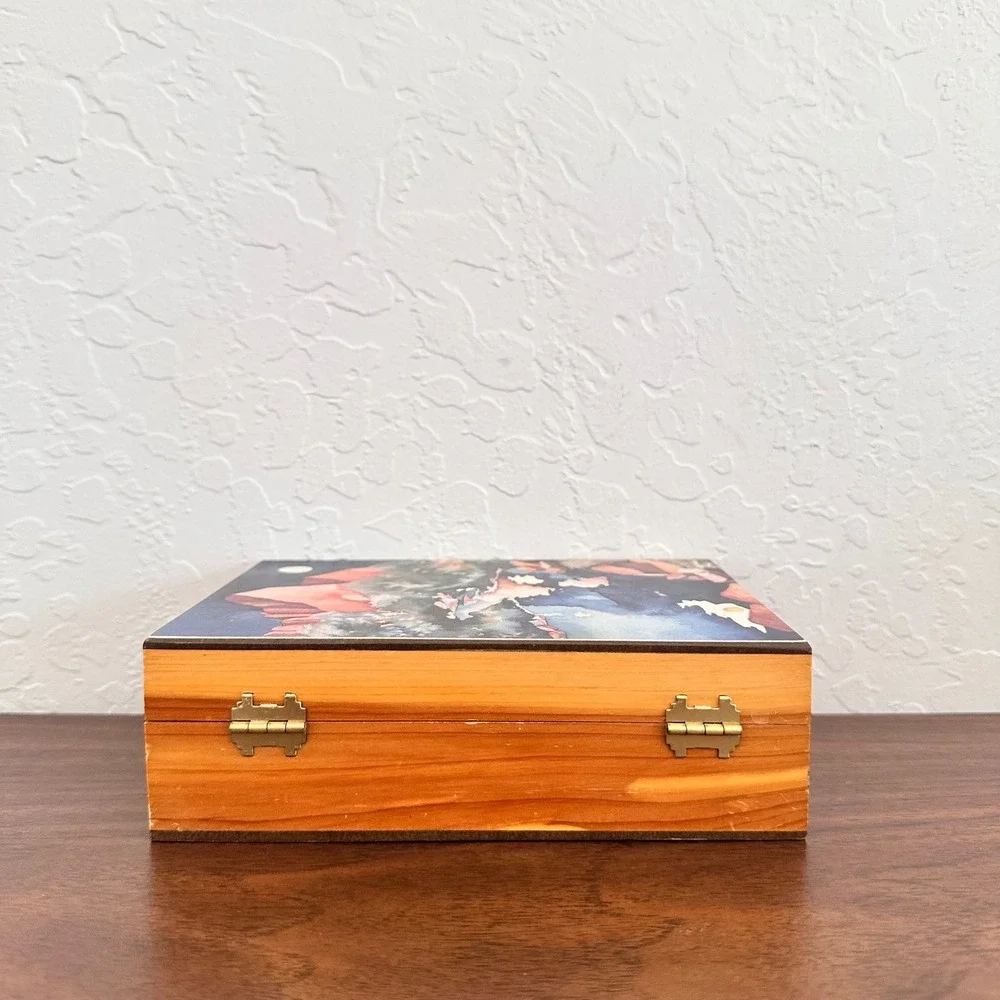 VTG Wooden Jewelry Box With Watercolor Art 